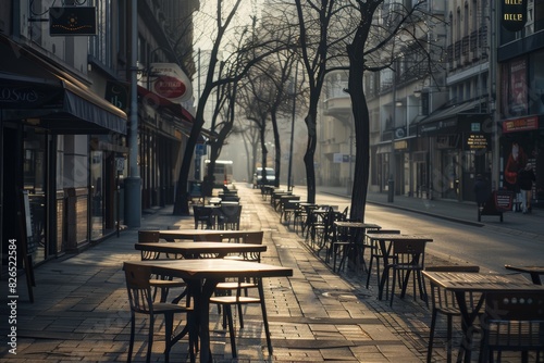 Quiet City Street During Lockdown with Empty Cafes and Closed Shops - Eerie Silence and Economic Impact of Virus Outbreak © spyrakot