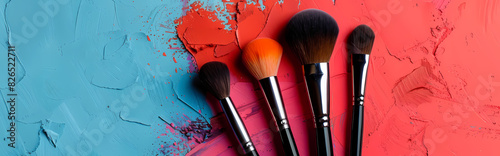 professional makeup tools. Makeup products on a colored background top view, Collection of professional makeup brushes, Beauty background with facial cosmetic products, Generative AI photo