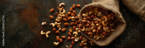 Various nuts spill out of a burlap sack onto a kitchen countertop, creating a scattered display