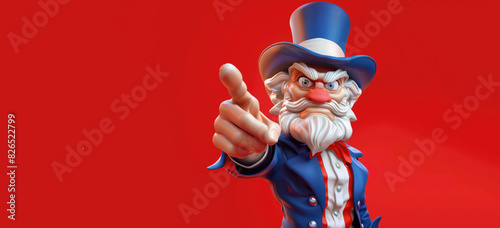 Cute Cartoon 4th of July Uncle Sam on a Red Background with Space for Copy. America. Holiday, Independence Day © JJAVA