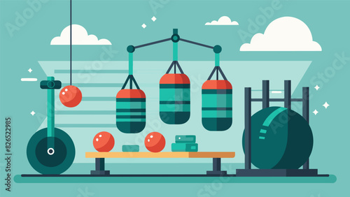 The virtual gym is filled with the sounds of heavy bags being struck and speed bags being rhythmically hit.. Vector illustration