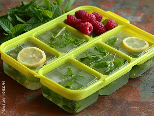 make cool ice cubes for our drinks! We'll put mint leaves, lemon slices, rosemary, thyme, and berries in an ice tray, then fill it with water. When it freezes, 