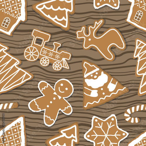 Christmas Pattern. Seamless Print with Gingerbread Cookies. Gingerbread houses, Santa Claus, deer, trees, gingerbread man, train, star. Holiday Background. Vector illustration on wooden background