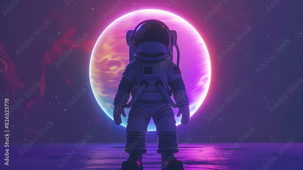 Minimalist D Cartoon Astronaut Silhouetted Against Iridescent Planet Minimalist D Cartoon Astronaut Silhouetted Against Iridescent Planet