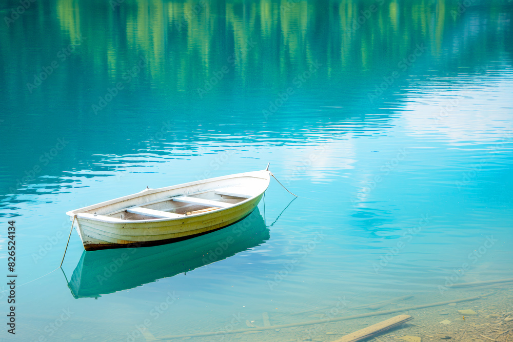 Obraz premium Small white rowboat anchored in clear blue water, surrounded by lush green foliage.