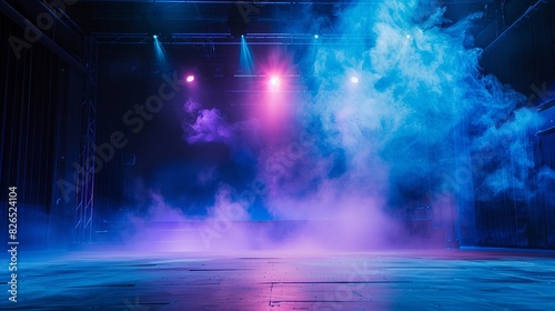 An empty stage  blue and purple lighting  light smoke.