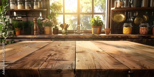 Rustic wooden table in a cozy homely kitchen with warm tones high detail and empty space for displaying products photo