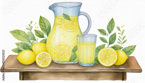 Watercolor hand drawn lemonade drink in decanter and glass. Illustration of homemade lemon drink and lemon fruti. Design for season offers, decor, menu, recipe, party crafts, ready to use template. photo