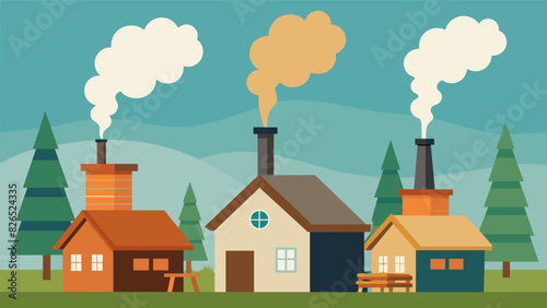 Smoke rises from chimneys of small homes each one equipped with a humble biomass stove that is vital for survival in a rural village.. Vector illustration photo