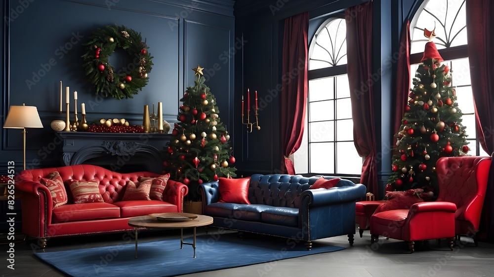 Interior of a dark blue living room featuring a red leather couch and a decorated Christmas tree Interior of a dark blue living room featuring a red leather couch and a decorated Christmas tree