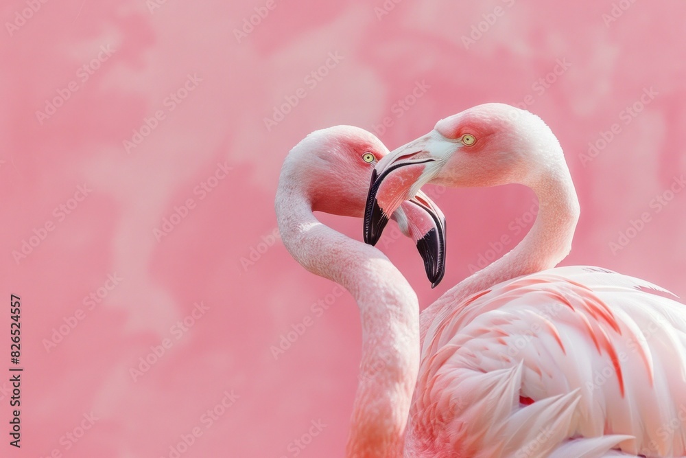 Naklejka premium Romantic flamingos forming heart shape love, nature, relationship, pink background, wildlife, affection, art, animals, tropical, passion, wildlife, beautiful