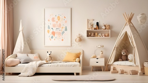 Poster mockups in a kid's room with blank cream walls as the backdrop.