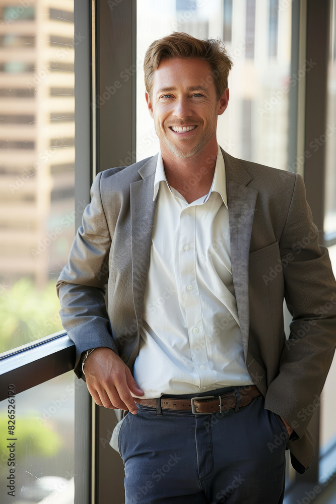 Fototapeta premium a Caucasian businessman radiating confidence and happiness in his portrait, aligned with his firm's vision of excellence and success.