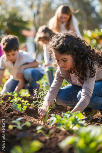 a community garden with people of all ages planting and watering vegetables