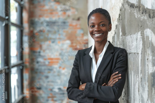 a confident and joyful Black businesswoman standing tall, radiating pride in her position.