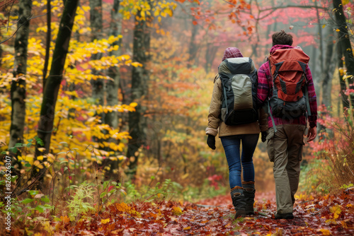 a couple hiking through a colorful autumn forest, with backpacks, fallen leaves, and scenic views, promoting outdoor activities and seasonal beauty.