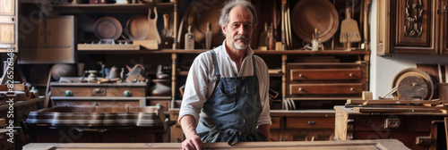 a craftsman restoring antique furniture in a well-equipped workshop photo