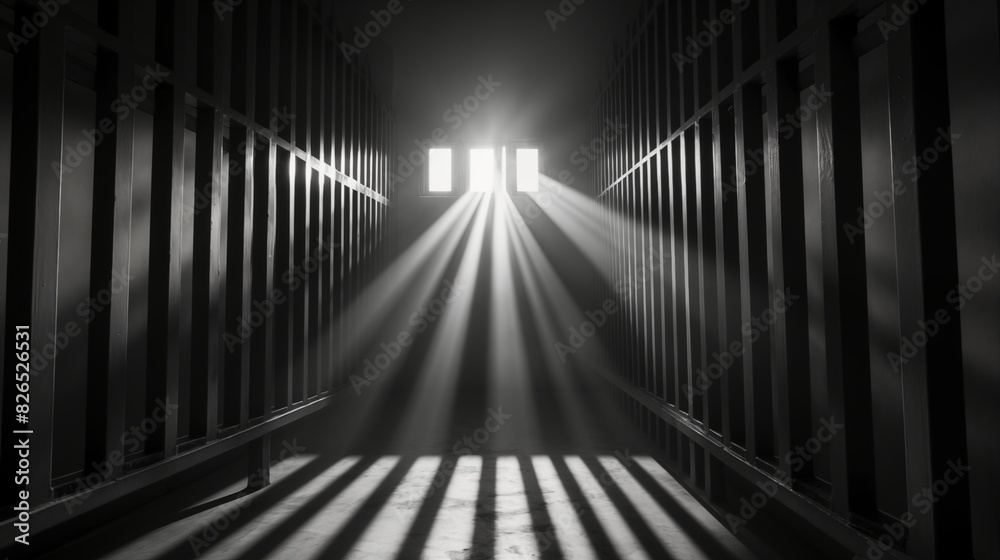 Sunlight streaming through bars creating patterns in a prison cell Sunlight streaming through bars creating patterns in a prison cell