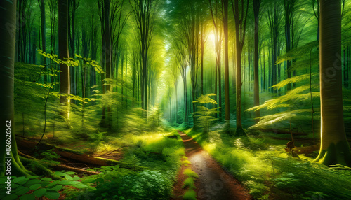 Serene Sunlit Forest Path  Tranquil Walkway Through Verdant Woods