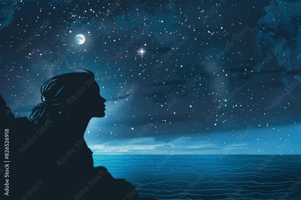 Peaceful Mental Escape - Woman's Silhouette Against Starry Ocean Night Sky, Concept Illustration for Calm and Reflection