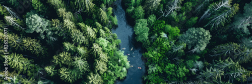 a drone view of a river winding through a dense forest with kayakers exploring photo