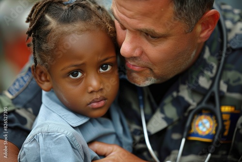 A man and a child are hugging. Scene is sad. man is hugging a young boy. The boy is wearing a jacket and the man is wearing glasses. emergency room nurse monitoring a patient's vital signs, photo