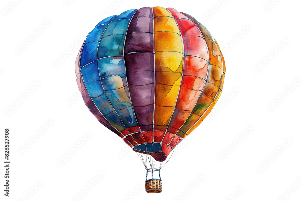 Fototapeta premium A vibrant, colorful hot air balloon The balloon is filled with warm colors of red, orange, yellow, blue, and purple.
