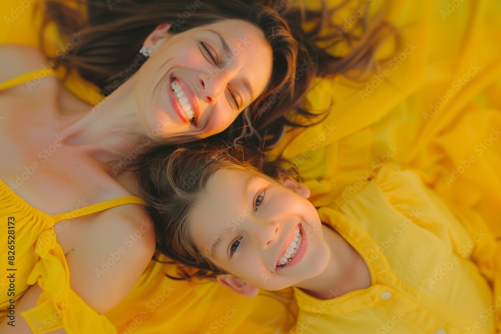 A top shot of a smiling mother and daughter lying on yellow fabric, both wearing yellow. AI Generative. A top shot of a smiling mother and daughter lying on yellow fabric, both wearing yellow. AI Generative.