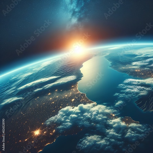 Curvature of planet Earth. Aerial view of blue planet from space. Sunrise over globe land and ocean.