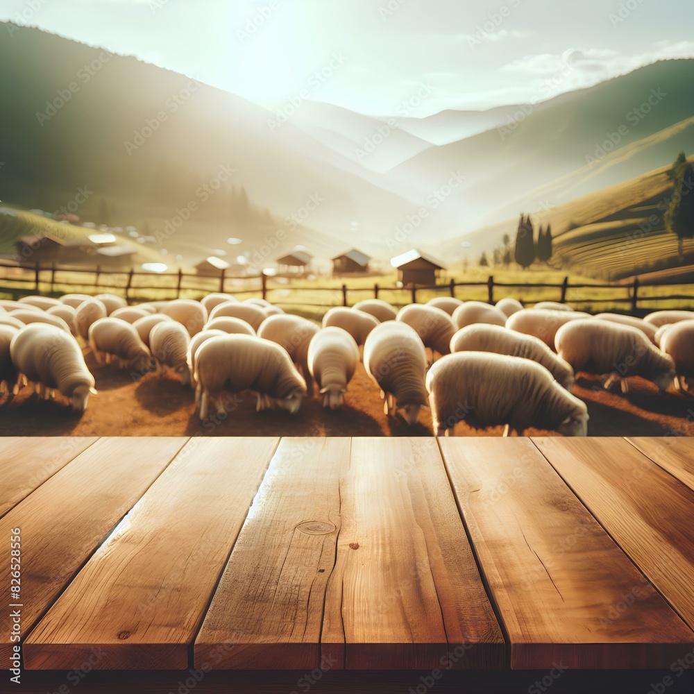 Obraz premium Empty wooden table top with blurred sheep farm and daylight background.
