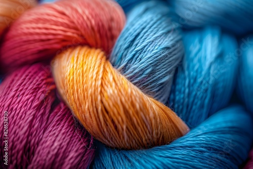 Close up view of cotton yarn texture. Colorful big yarn braids for knitting arranged in row, natural cotton background. Background for handmade and knitting store. Knitting accessories.