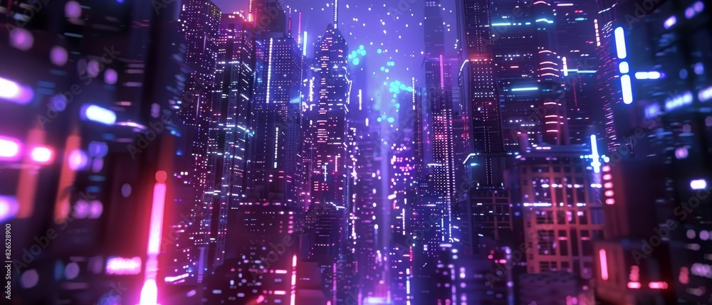 3D rendering of a futuristic city with skyscrapers and glowing lights.
