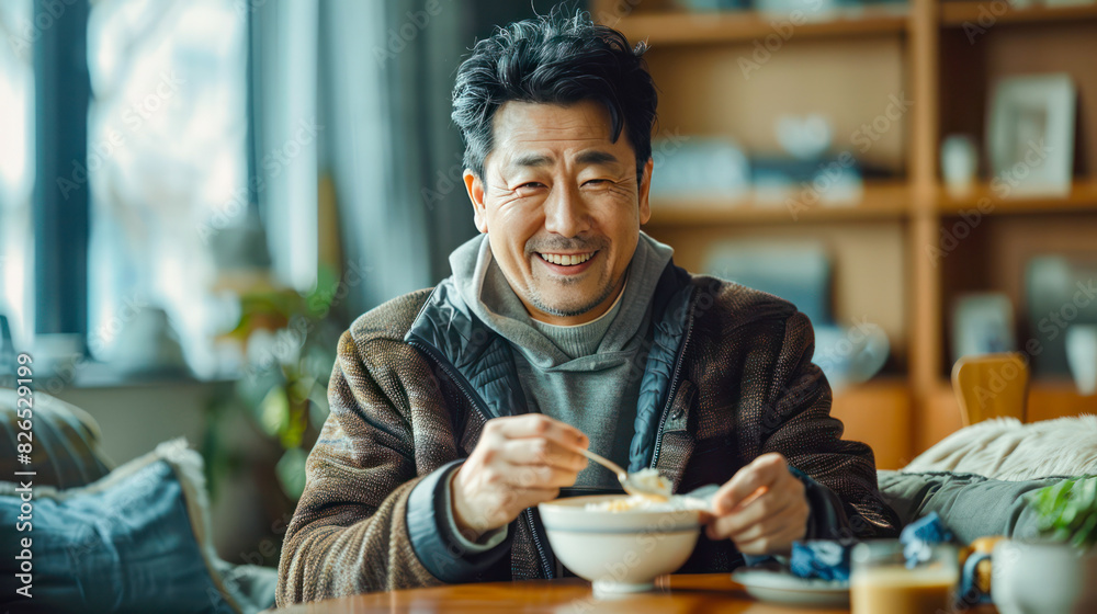 An Asian man is eating dinner alone at the dining table at night at home.Generative AI An Asian man is eating dinner alone at the dining table at night at home.Generative AI