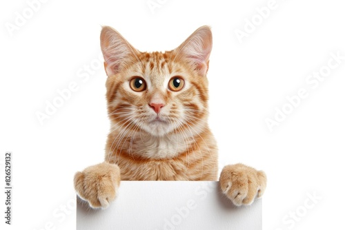 Adorable Ginger Kitten Holding Blank White Sign Isolated on White Background