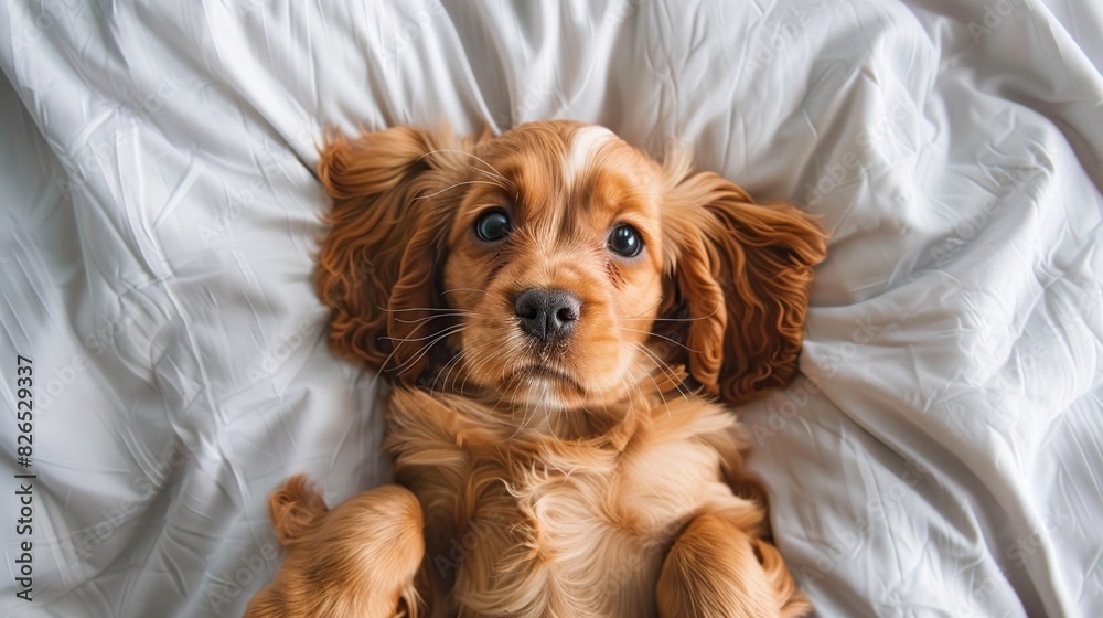 American Cocker spaniel puppy lying on a bed at home. Top down view. Generative Ai American Cocker spaniel puppy lying on a bed at home. Top down view. Generative Ai