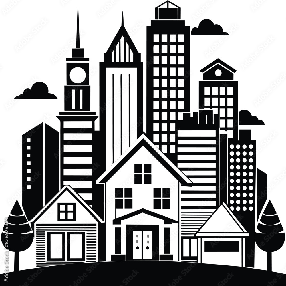 Black and white houses. Stylish high-rise buildings. on white background Black and white houses. Stylish high-rise buildings. on white background