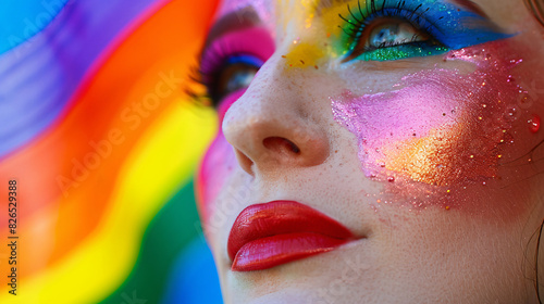 Face of a person with rainbow makeup and a Pride flag in the background