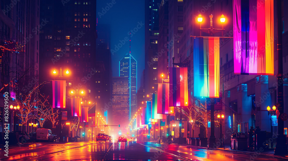 City landmarks decorated with rainbow lights and Pride banners at night City landmarks decorated with rainbow lights and Pride banners at night