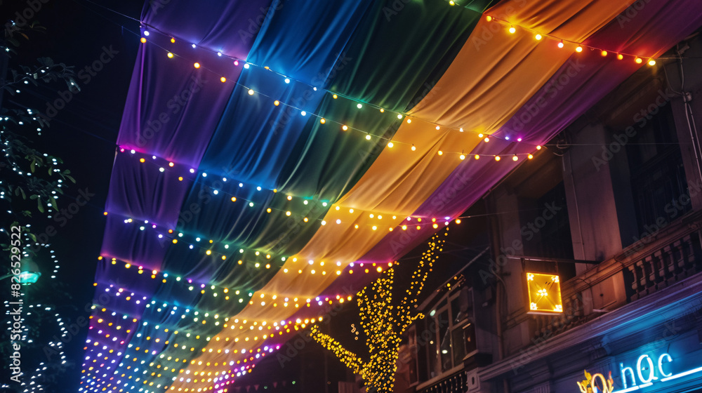 Obraz premium City landmarks decorated with rainbow lights and Pride banners at night