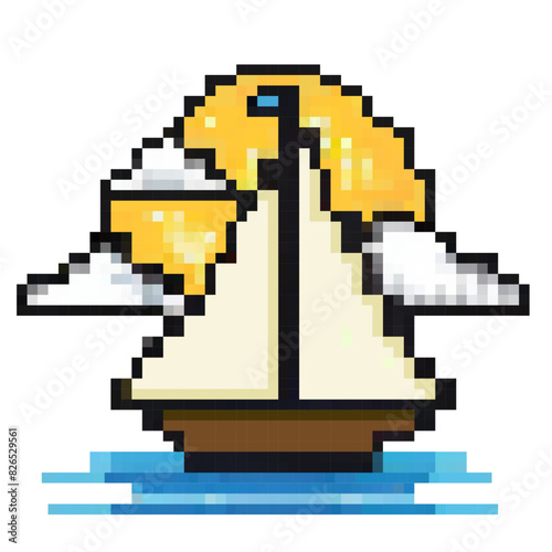 Pixel yacht in the rays of the sun for summer vacation in retro pixel art style. 80s-90s, digital vintage game style, stickers, sticker, print, banner, poster