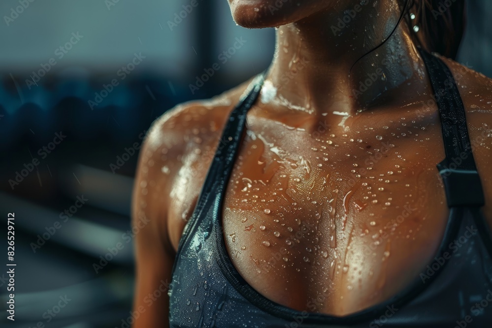 Intense Workout at the Gym: Close-Up of Woman's Athletic Build with Beads of Sweat Highlighting Exercise Effort