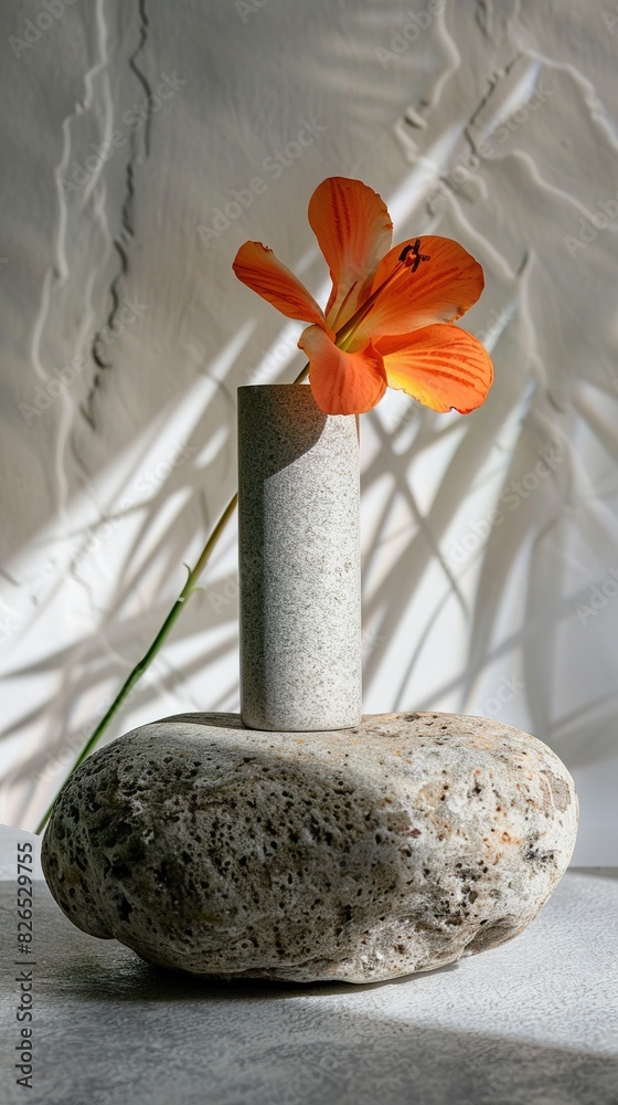 Minimal stone podium with flower and with shadow leaves on beige wall background. Mock up for presentation, branding products, cosmetics jewellery.