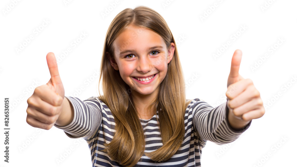 Thumbs Up Teen – Girl Portrait: A teenage girl showing a thumbs up, isolated on a white background.
Thumbs Up Teen – Girl Portrait: A teenage girl showing a thumbs up, isolated on a white background.