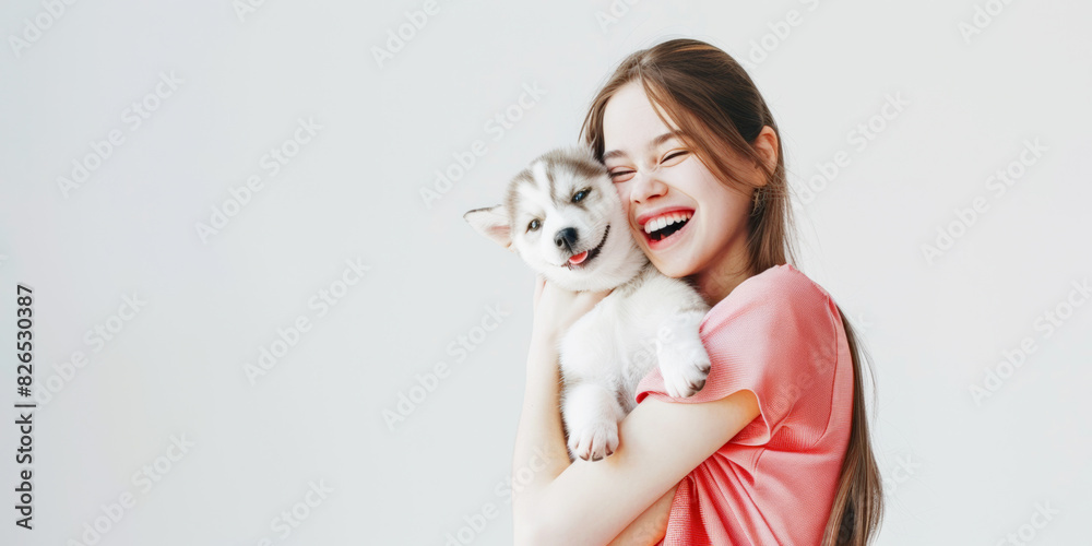Girl laughing and hugging her playful puppy in a bright setting. Girl laughing and hugging her playful puppy in a bright setting.