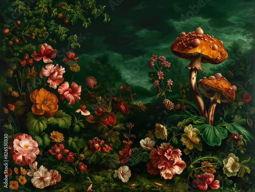 Surreal art fantasy scene secret mysterious garden of flowers and plants, peonies, tulips, roses, orchids, fruits, mushrooms. Baroque, renaissance style, rich colors, dramatic lighting, oil painting
