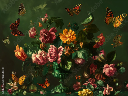 Surreal art fantasy scene secret mysterious garden of flowers and plants, peonies, tulips, roses, orchids, fruits, mushrooms. Baroque, renaissance style, rich colors, dramatic lighting, oil painting