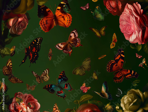Surreal art fantasy scene secret mysterious garden of flowers and plants, peonies, tulips, roses, orchids, fruits, mushrooms. Baroque, renaissance style, rich colors, dramatic lighting, oil painting