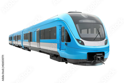 Blue modern commuter train on transparent background