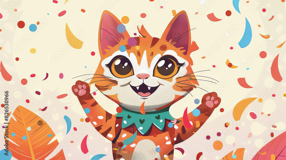 A cute cartoon cat is celebrating with its arms in the air. There are colorful confetti falling around it. A cute cartoon cat is celebrating with its arms in the air. There are colorful confetti falling around it.