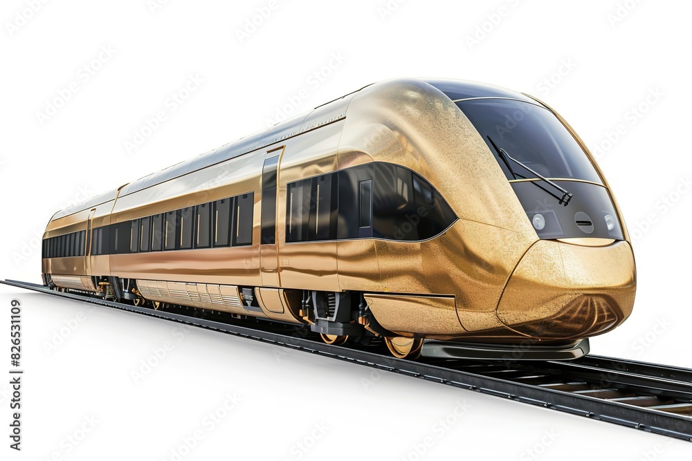 Sleek golden modern train on tracks isolated on white. Sleek golden modern train on tracks isolated on white.